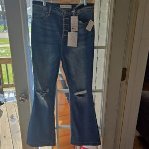 High-Rise Dark Blue Distressed Flare Jeans